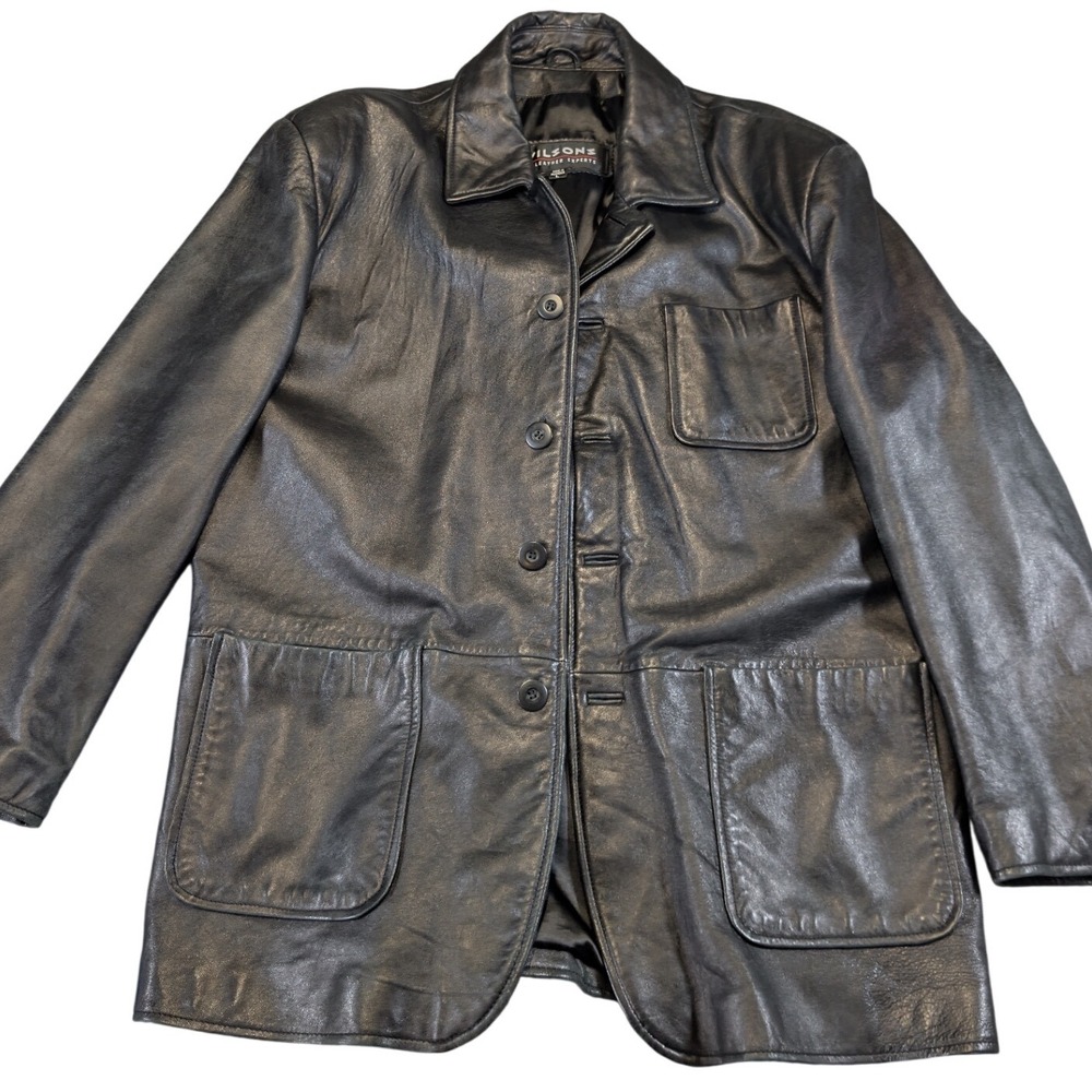 Wilsons Mens Leather Button Front Black Car Coat Jacket Size L SEE PHOTOS